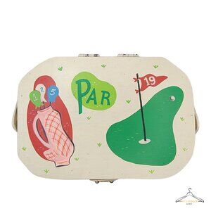 Vintage 1950’s Wood Lunch Box Purse Handcrafted/Hand Painted Golf Theme Bag